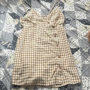 Beige Plaid Button-Front Slip Dress